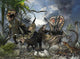 Dynamic Tyrannosaurus rex vs. Torosaurus poster print showcasing a prehistoric battle.