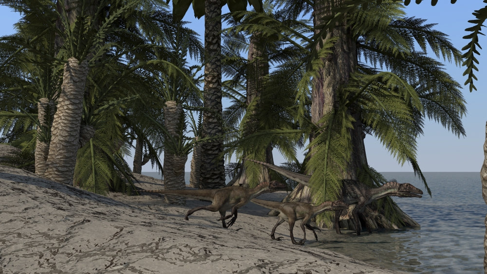 A Family of Utahraptors Along the Shoreline Poster Print