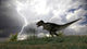Tyrannosaurus Rex hunting in an open field during a lightning storm poster print.