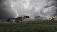 Utahraptor running across an open field during a lightning storm poster print.