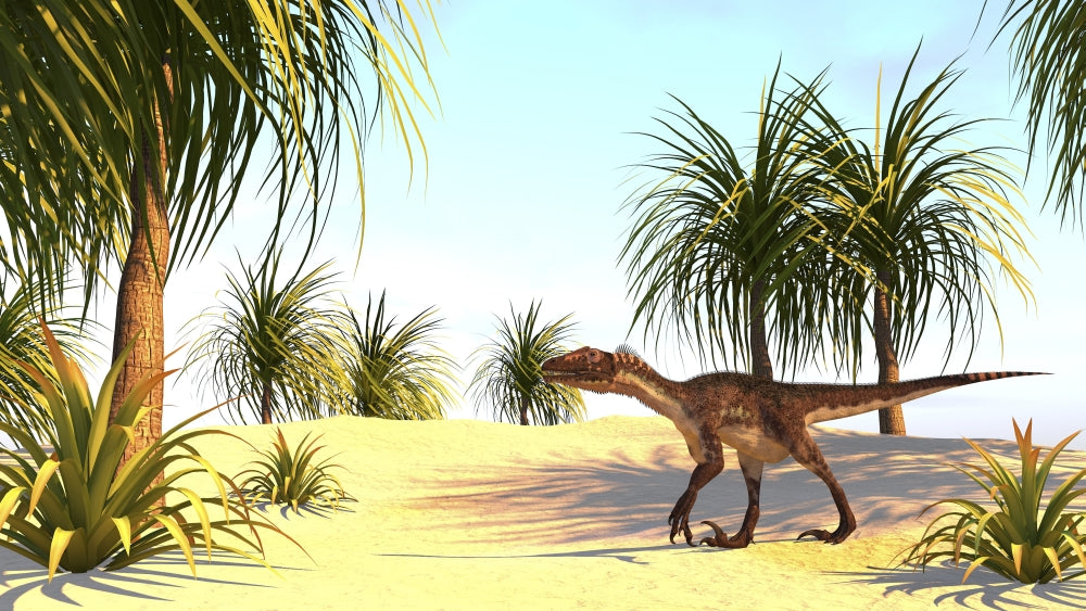 Utahraptor in a Prehistoric Environment Poster Print showcasing a dinosaur in lush greenery.