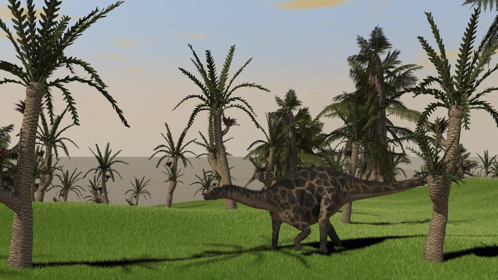 Dicraeosaurus walking across an open field poster print