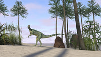Dilophosaurus hunting for its next meal poster print showcasing vibrant colors and detailed artwork.