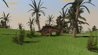 Kentrosaurus walking across an open field poster print.