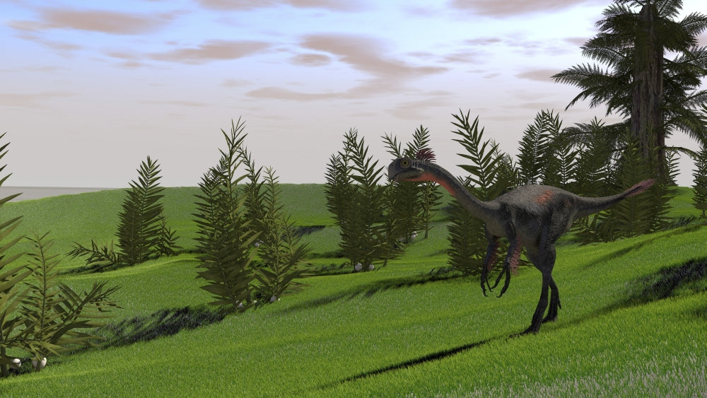 Gigantoraptor poster print in a grassy field, vibrant colors.