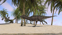 Majungasaurus running across a tropical landscape poster print.