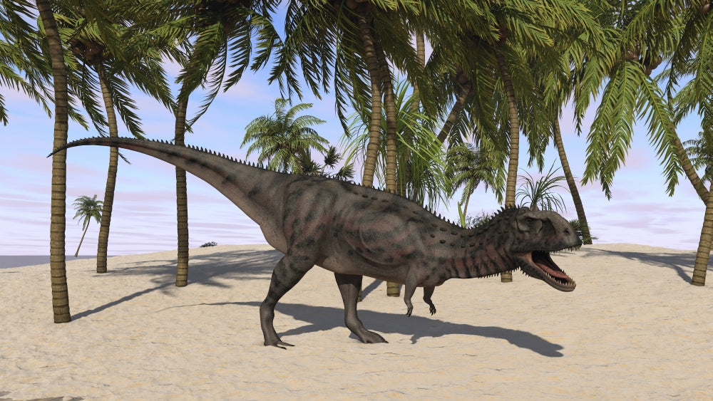 Majungasaurus in a prehistoric landscape poster print.
