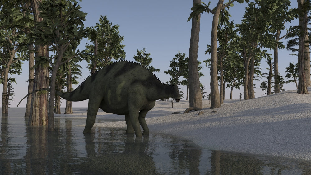 Brachytrachelopan Walking Along Shallow Water Poster Print