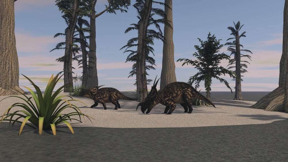 Two Brown Einiosaurus Dinosaurs in Prehistoric Environment Poster Print