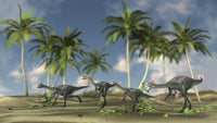 Herd of Gigantoraptors Poster Print featuring dinosaurs in their habitat.
