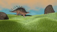 Kentrosaurus walking across prehistoric grasslands poster print