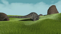 Dicraeosaurus walking across prehistoric grasslands poster print.