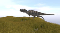Ceratosaurus running across a grassy field poster print