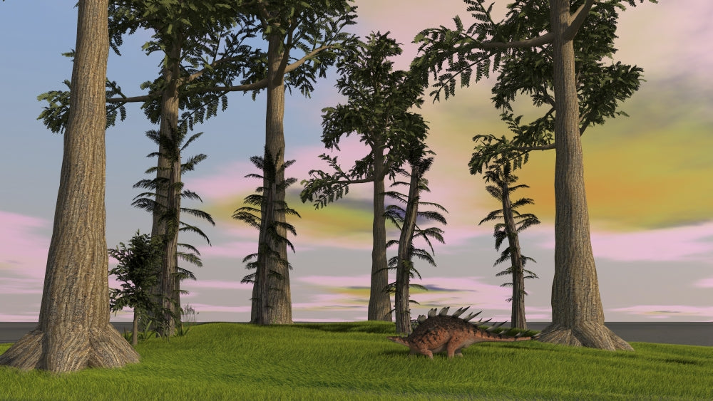 Kentrosaurus walking through a grassy field poster print.