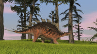 Kentrosaurus walking across a grassy field poster print