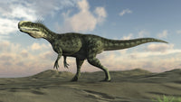 Monolophosaurus walking across desert terrain poster print