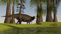 Shuangmiaosaurus dinosaur grazing in a swamp poster print.