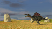 Spinosaurus walking across a grassy field poster print