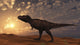 Tyrannosaurus Rex walking across a desert at sunset poster print.