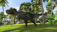 Tyrannosaurus Rex hunting in a tropical landscape poster print.