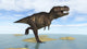 Tyrannosaurus Rex running through shallow water poster print.