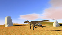 Utahraptor running across a grassy field poster print.