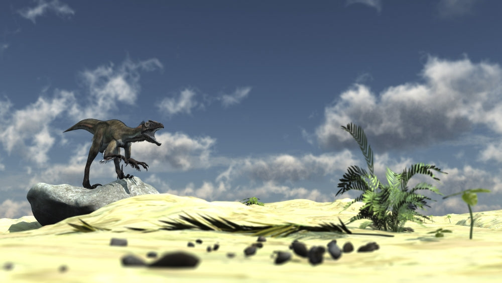 Utahraptor roaring poster print showcasing a dinosaur on a rock