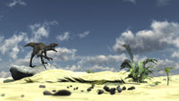 Utahraptor roaring poster print showcasing a dinosaur on a rock