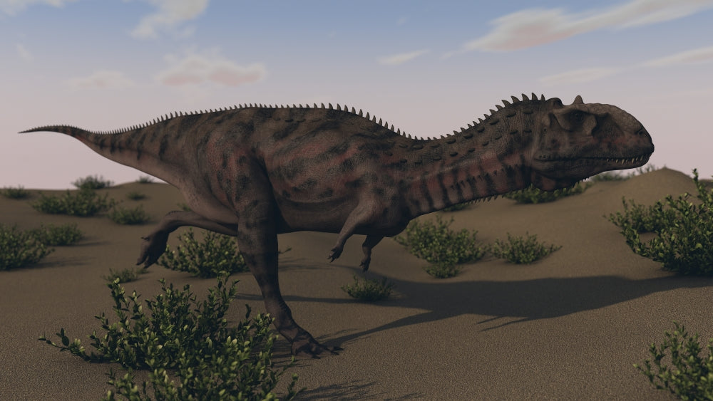 Majungasaurus in swamp grassland poster print showcasing a prehistoric dinosaur.