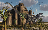 Artist's concept of a reptoid race co-existing with dinosaurs poster print