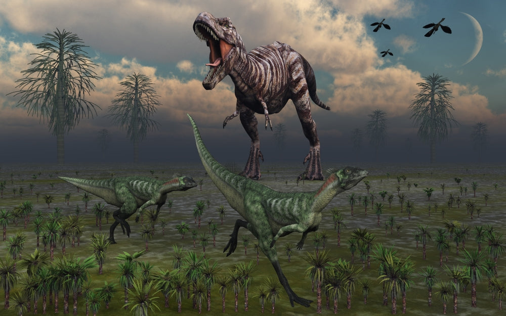 Poster print of two Lesothosaurus dinosaurs escaping a T-Rex.