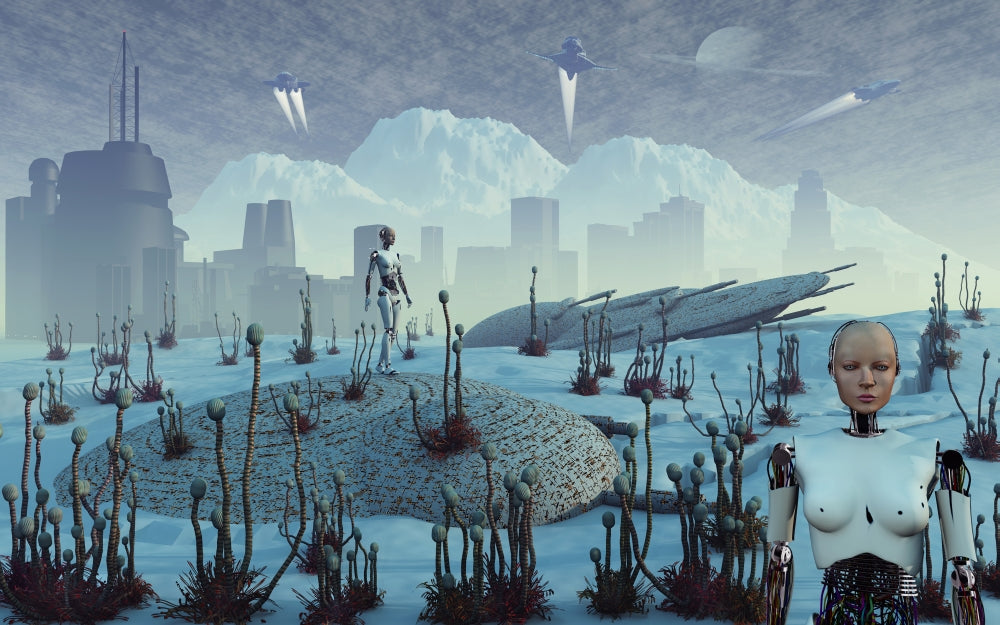 Alien Moon Colony Poster Print depicting androids in a frozen landscape.