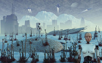 Alien Moon Colony Poster Print depicting androids in a frozen landscape.