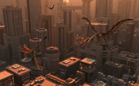 Quetzalcoatlus and Eudimorphodon pterosaurs flying above futuristic city poster print.