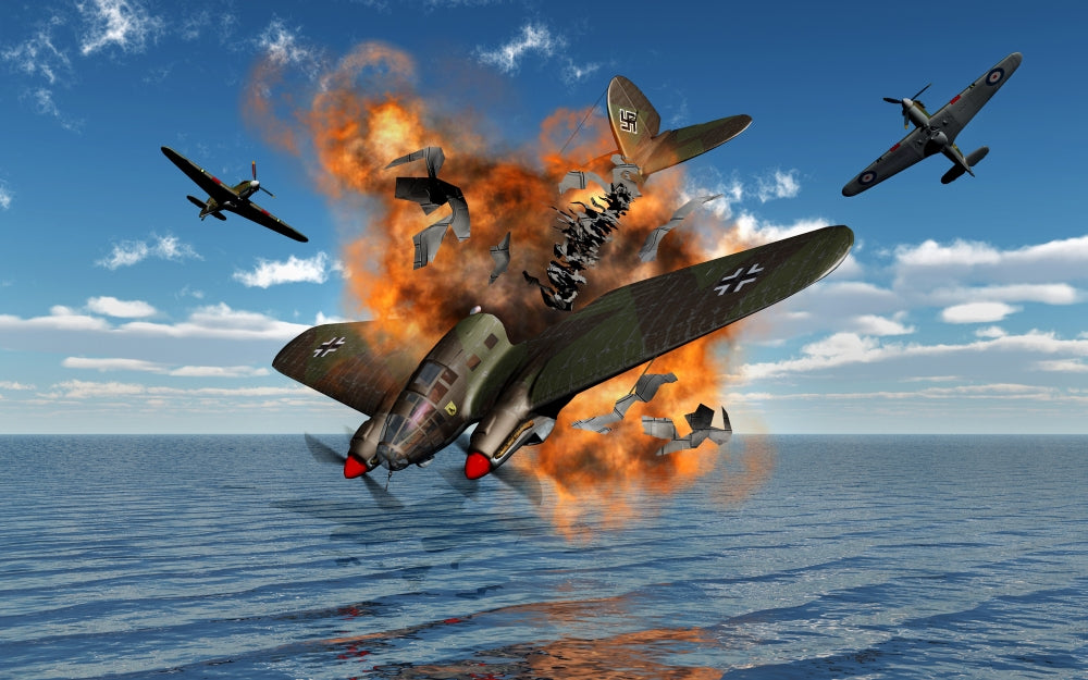 German Heinkel Bomber crashing into the English Channel poster print
