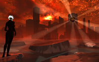 Futuristic city poster print illustrating a city flooded by rising waters due to climate change.