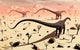Diplodocus dinosaurs walking through a desert landscape poster print.
