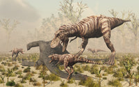 Adult female T. Rex with young feeding on a dead sauropod dinosaur.