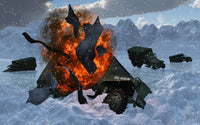 Convoy of military vehicles poster print in harsh winter conditions, featuring an exploding truck.