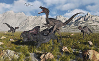 Velociraptors attacking Protoceratops poster print from the Cretaceous Era