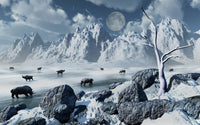 Woolly rhinoceros herd scratching the permafrost in Pleistocene winter poster print.
