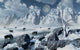 Woolly rhinoceros herd scratching the permafrost in Pleistocene winter poster print.