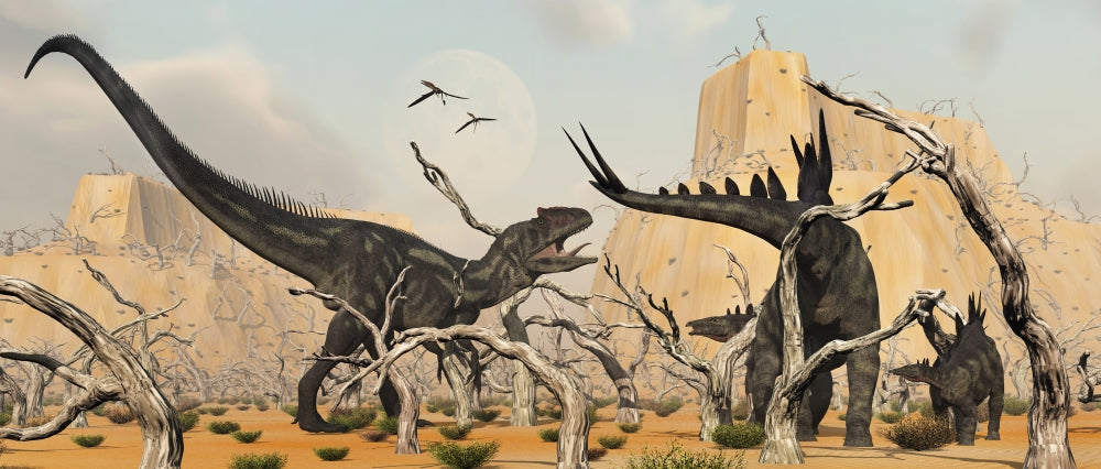 Stegosaurus protecting her infant from Allosaurus poster print.