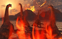 Dramatic poster print of sauropod dinosaurs amidst volcanic activity.