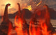 Dramatic poster print of sauropod dinosaurs amidst volcanic activity.