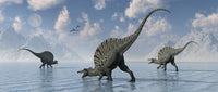 Spinosaurus dinosaurs fishing poster print showcasing vibrant colors and dynamic scene.