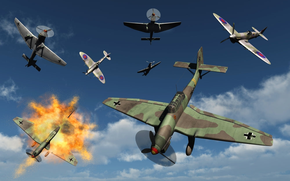 German Ju 87 Stuka dive bombers poster print under attack by Spitfires.