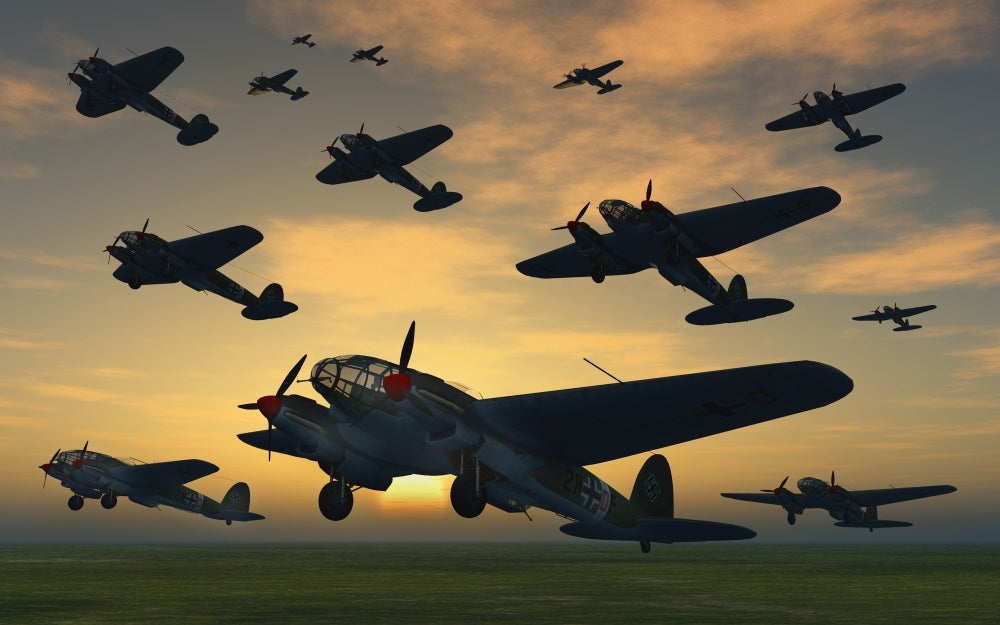 German Heinkel Bombers Taking Off Poster Print showcasing WWII aviation
