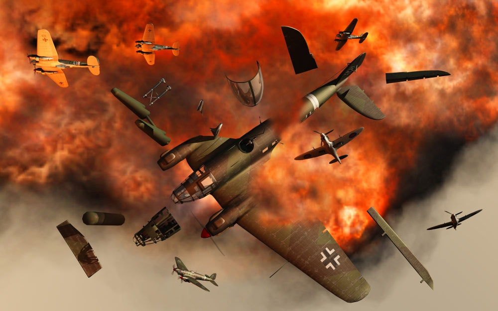 German Heinkel bomber plane exploding in the Battle of Britain poster print.