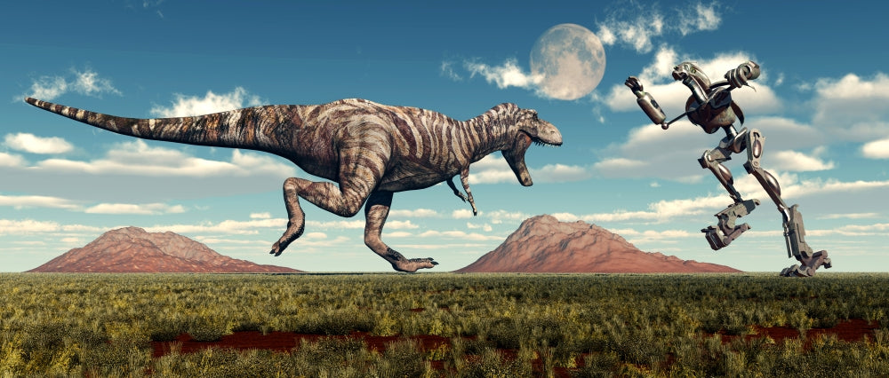 Tyrannosaurus Rex battling a giant robot poster print